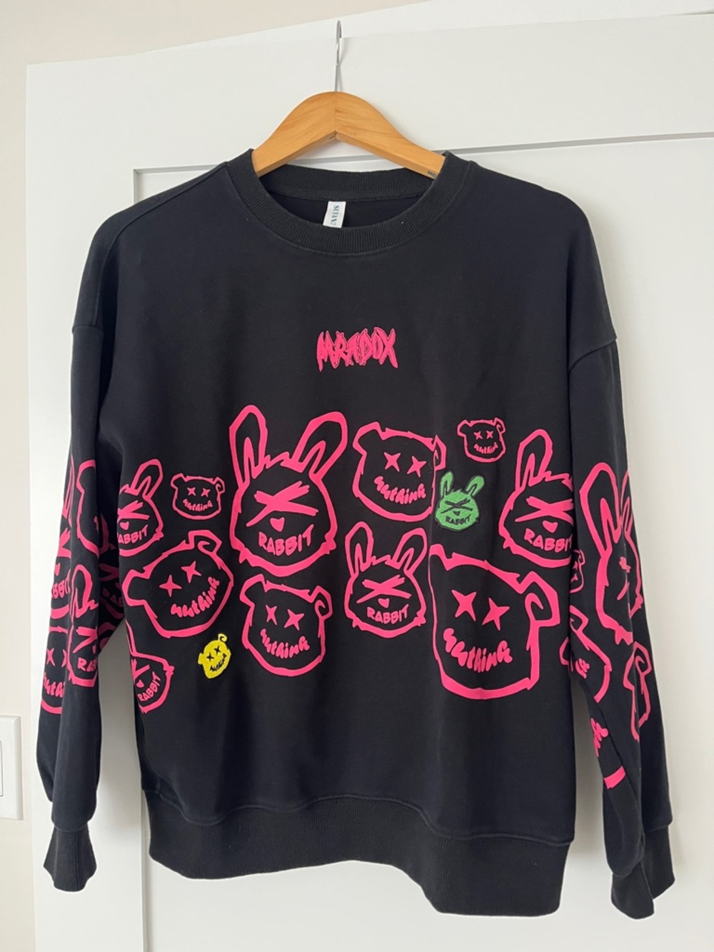 Black Graphic Rabbit Bear Crewneck Sweatshirt with Neon Pink Accents